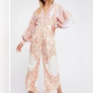 Free People Blooming Fields Jumpsuit Floral Paisley Ruched Deep V Boho